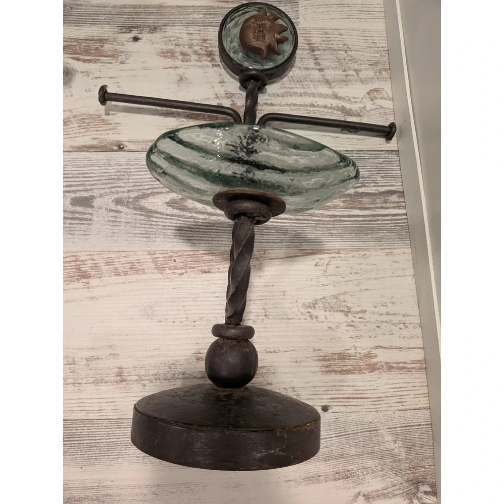 Rustic Countertop Forged Iron Hand Towel Holder Glass Soap Dish Sun Moon Emblem